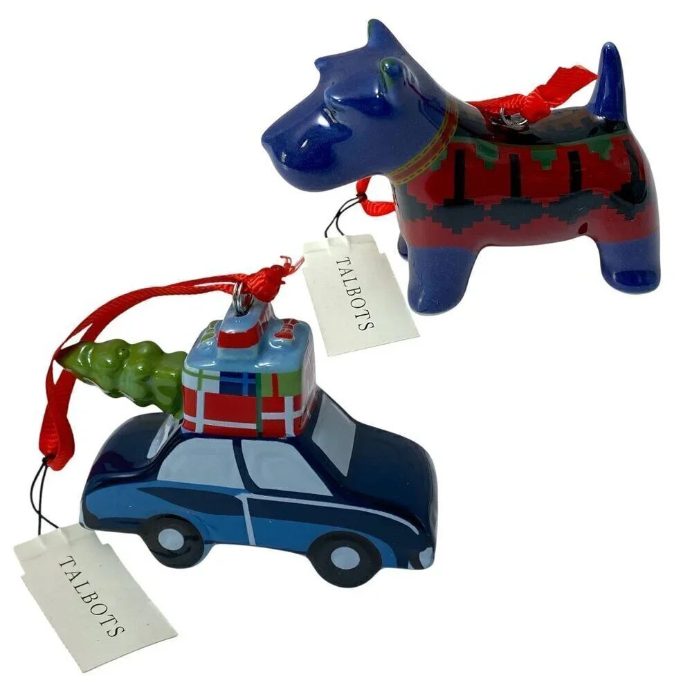 TALBOTS Christmas Ornaments Holiday Car and Dog Ceramic NWT